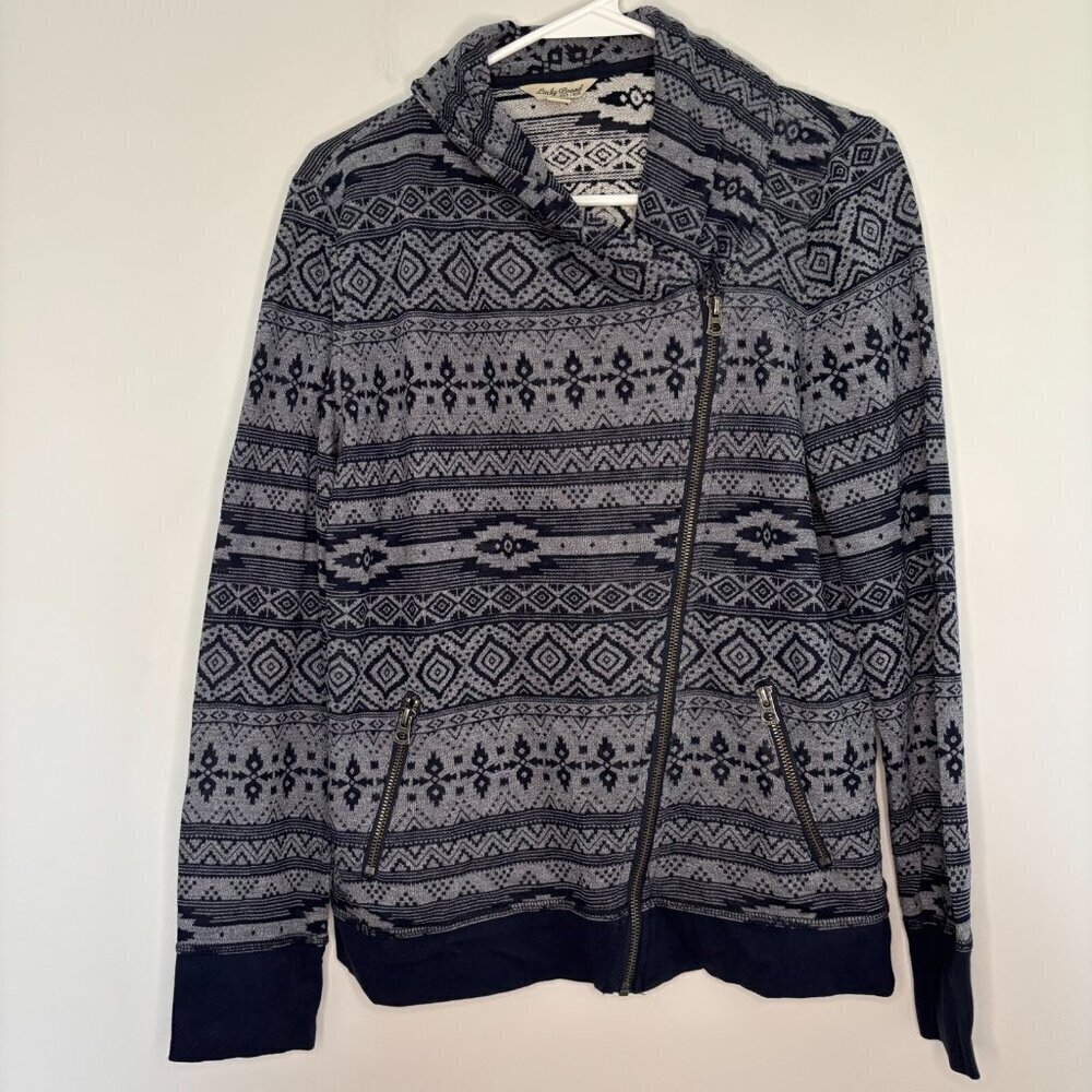 LUCKY BRAND Medium Full Zip Top Assymetric Zipper Pockets Navy Gray Aztec Design